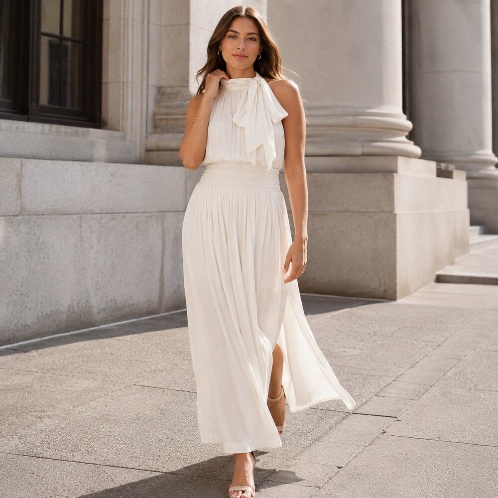 BCBGMAXAZRIA Broomstick Satin Pleated Smocked Halter Maxi Dress XS NEW